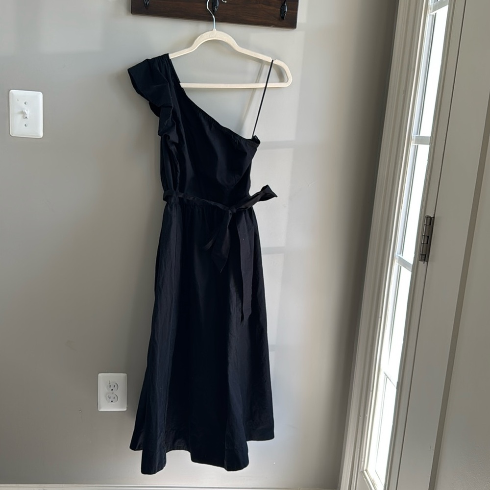 Like New Black Cotton J. Crew One Shoulder Midi Dress, Size 10.